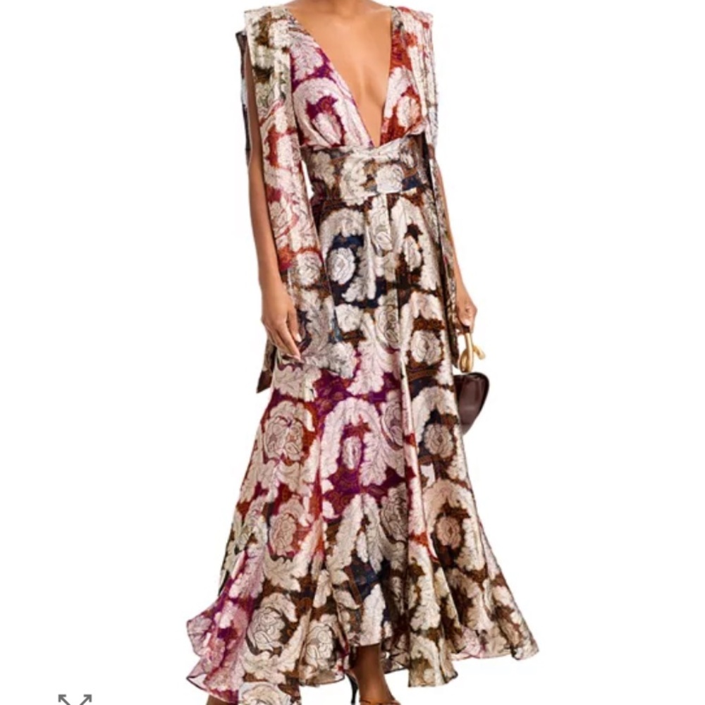 New FARM Rio Metallic Jacquard Plunging V-Neck Maxi Dress